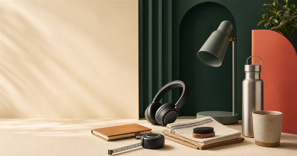 A desk lamp, headphones, bottle, notebook and household essentials arranged in a warm studio